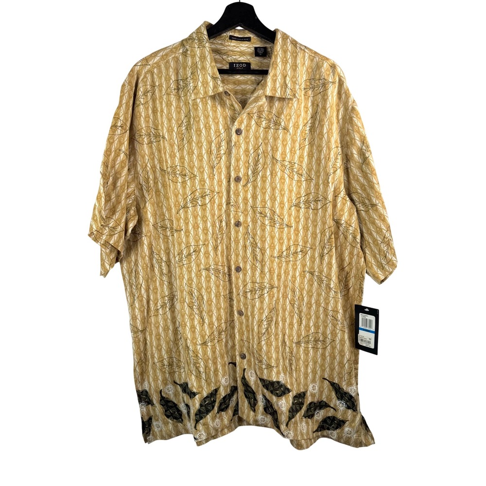 IZOD Golf Shirt XL Yellow Silk Linen Tropical Leaf Print Button Down